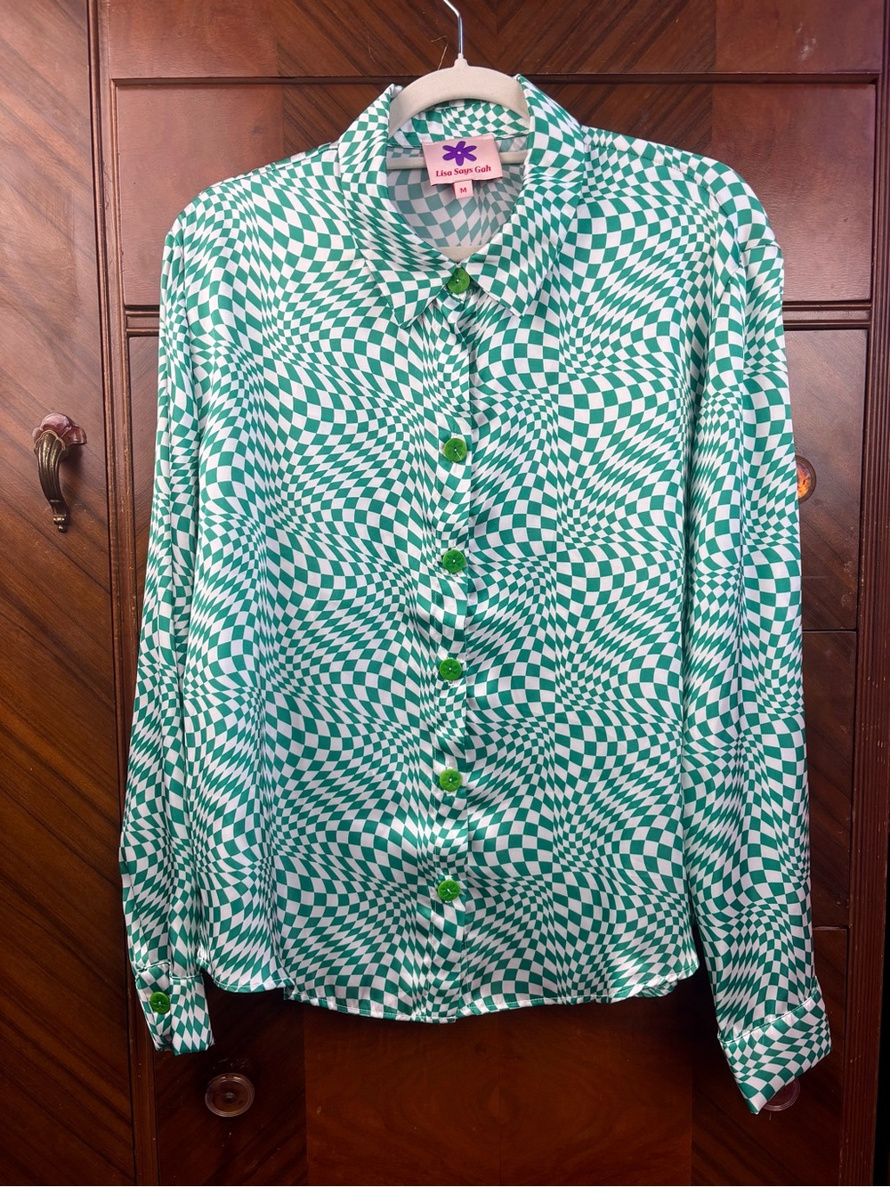 Lisa Says Gah Green White Warp Checkered Button Up Blouse Size M